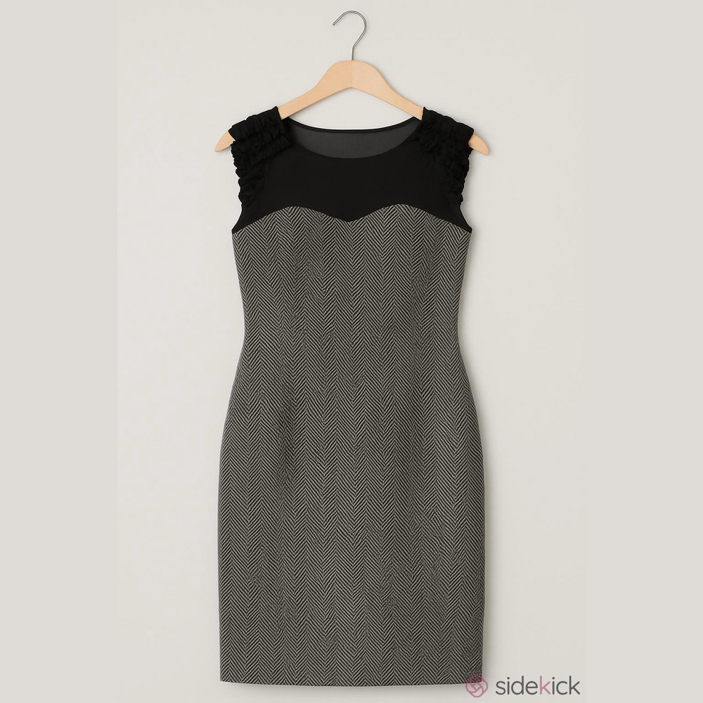 BCBG gathered satin chiffon chevron herringbone tweed dress 8